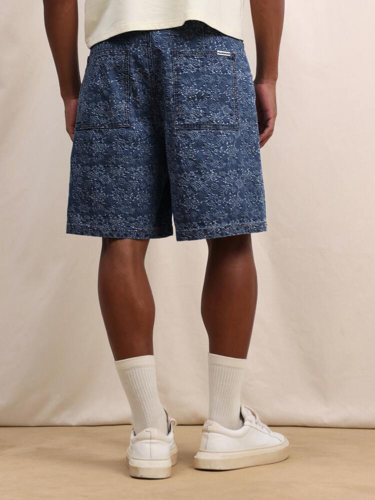 Regular Fit Textured Denim Shorts With Bandana Floral AOP Print For Casual Summer Streetwear