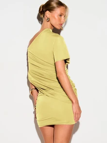 KIZN Off Shoulder Draped Mini Dress With Cut-Out Detail And Ruched Bodycon Skirt For Party Summer Nights - Yellow - View 3