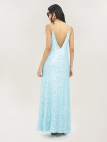 Dancing Leopard Pale Blue Sequin V-Neck Maxi Dress, Evening Party Outfit - Green - View 2
