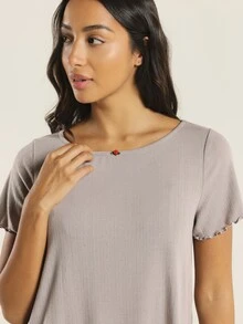 KSTM Ribbed Knit Short Sleeve Crew Neck Top And Wide Leg Full Length Pants Lounge Set With Lettuce Hem Detail - Grey - View 6