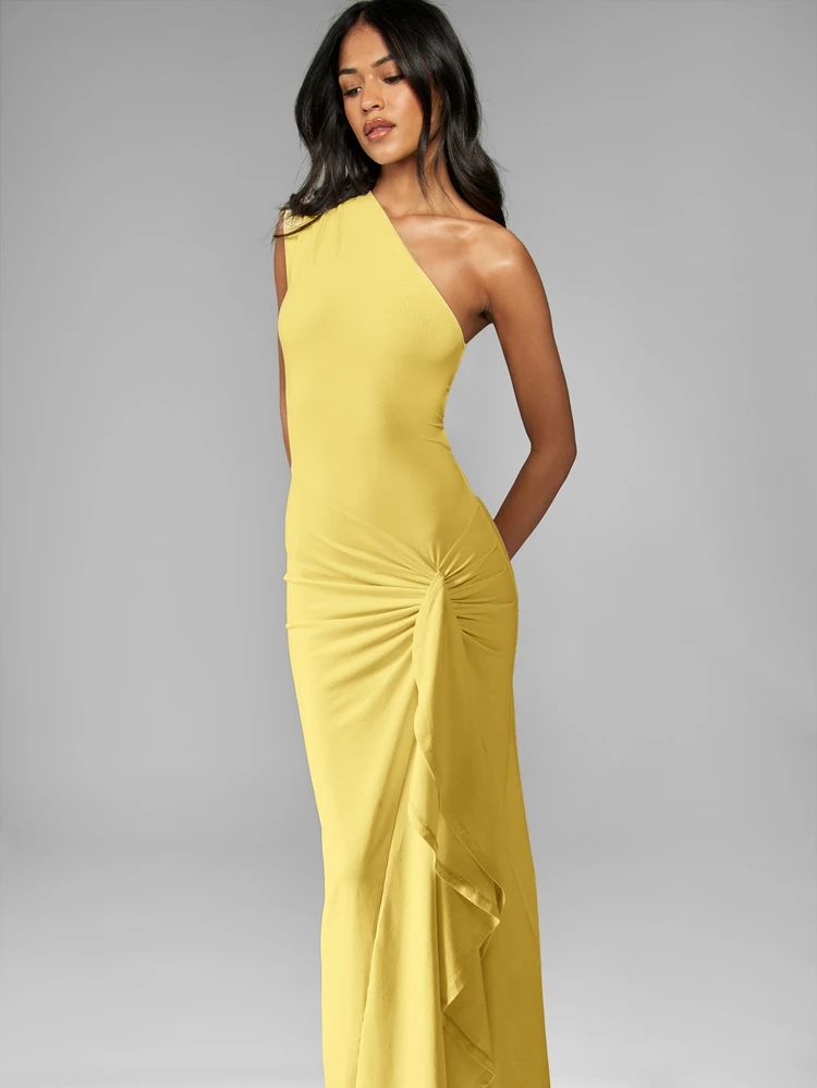 MISSGUIDED One Shoulder Maxi Dress With Ruffle Split Hem Tie Back Waist Cinch Draped Jersey Formal Gown