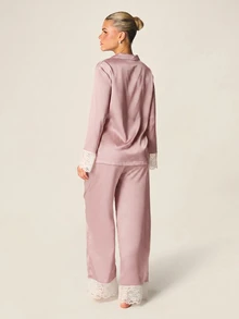 MISSGUIDED Satin Pajama Set With Lace Trim Cuffs And Wide Leg Pants Button Down Long Sleeve Shirt Loungewear - Pink - View 2