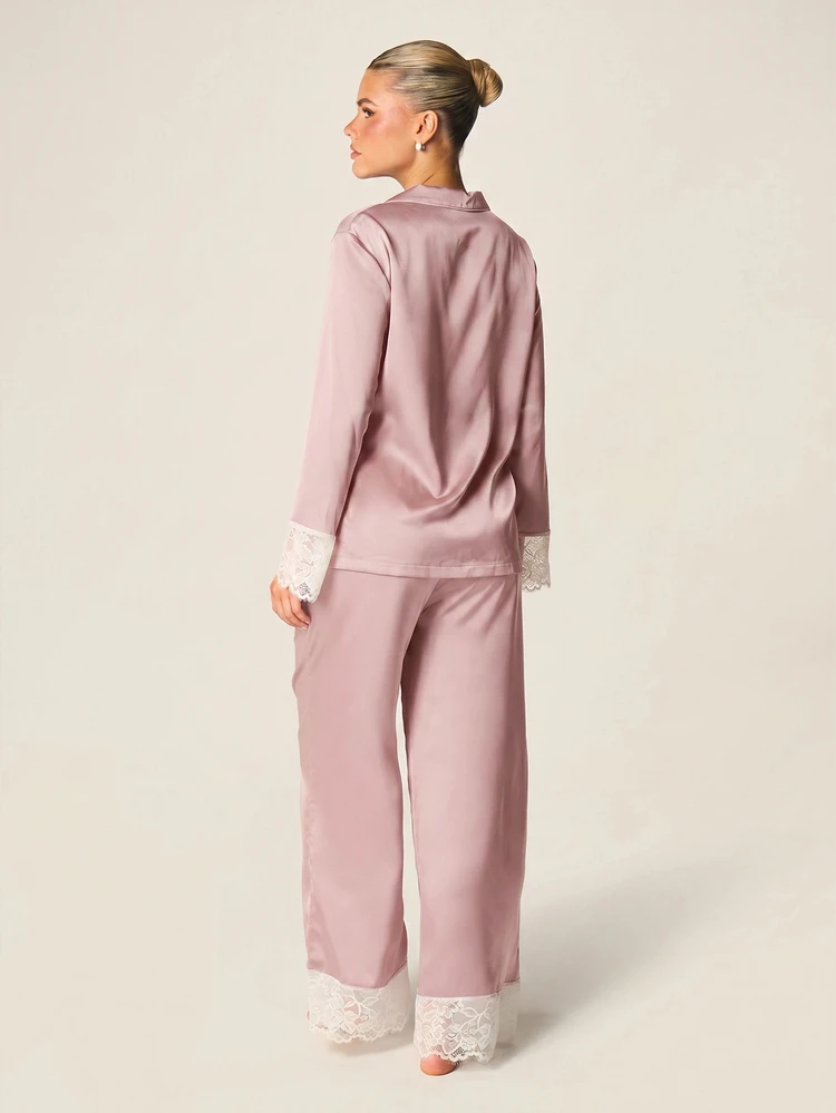MISSGUIDED Satin Pajama Set With Lace Trim Cuffs And Wide Leg Pants Button Down Long Sleeve Shirt Loungewear