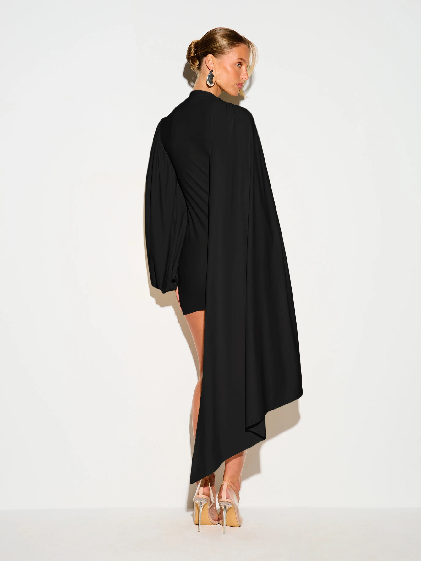 Cape Detail Balloon Sleeve Ruched Mini Dress