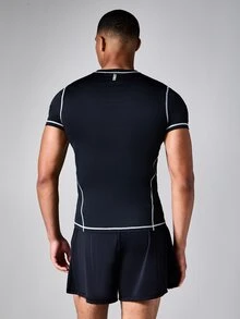 SUMWON Active Lab 圓領短袖緊身壓縮 T-shirt，配對比縫線細節 - 黑色 - 查看 2