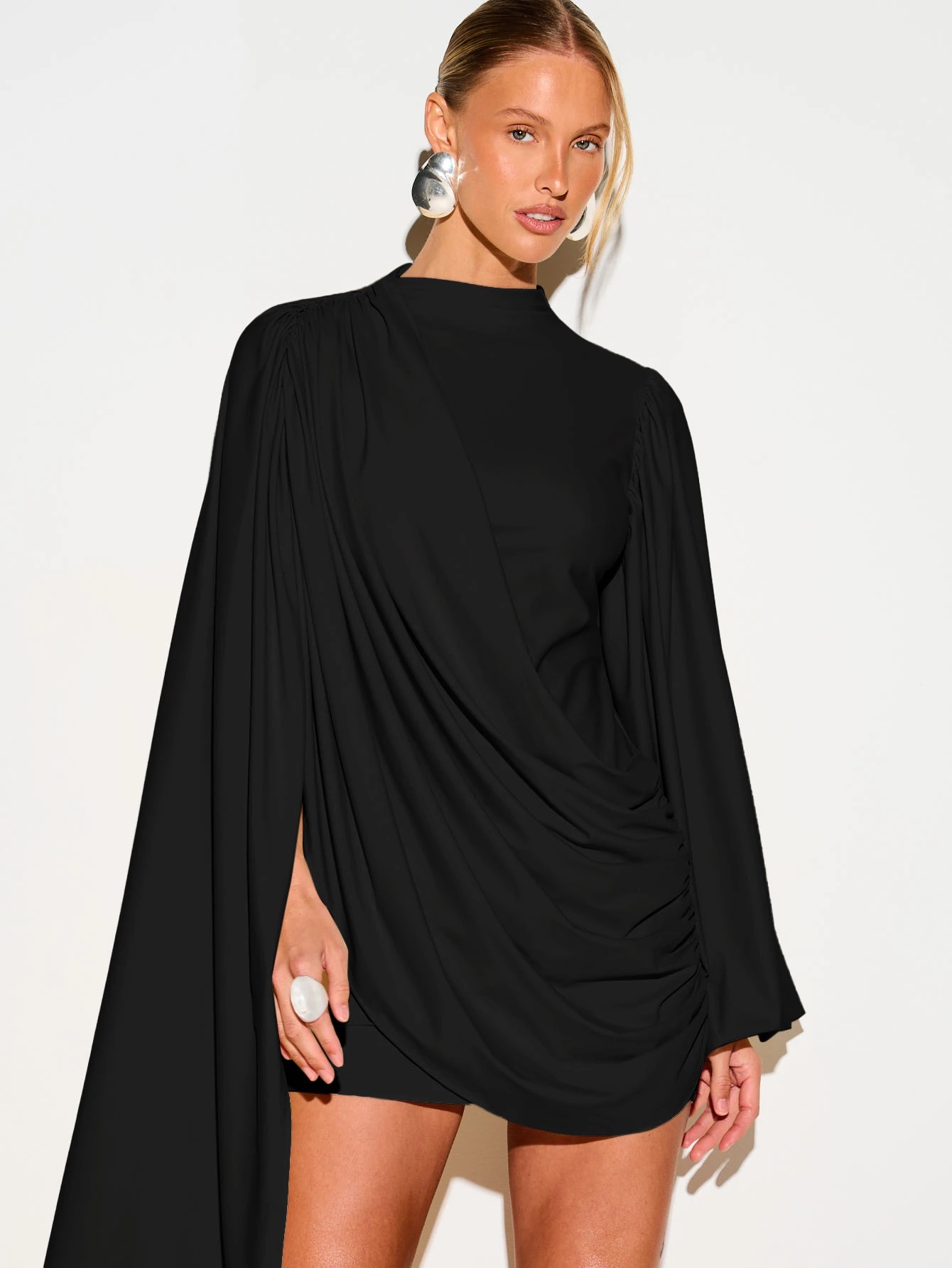 Cape Detail Balloon Sleeve Ruched Mini Dress