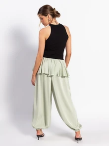 Rouah Celana Panjang Wanita Polos Gaya Boho dengan Ruffle di Pinggang dan Lipatan di Bagian Bawah - Celana Musim Panas, Celana Kantor, Celana Kerja, Celana Modis - Mint Green - View 2