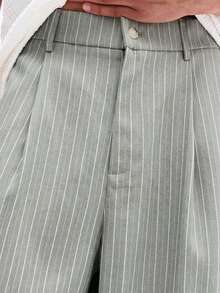 SUMWON Crop Fit Wide Leg Pleated Pinstripe Linen Feel Trousers With Elastic Waist For Smart Casual Summer Style - Green - View 7