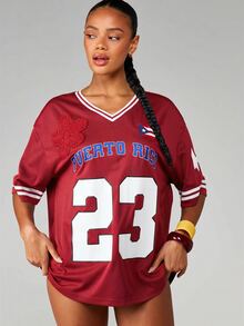 MISSGUIDED 波多黎各 #23 美式足球球衣短版上衣，附鉤編貼花星星細節與國旗貼布 - 紅色 - 查看 6