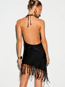 KIZN Satin Halter Neck Backless Mini Top With Macrame Fringe Hem And Cowl Neckline Summer Party - Black - View 3