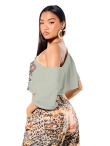SUMWON WOMEN Oversized Off Shoulder Crop Tee With Distressed Hem Tokyo Leopard Graphic Print - Grey - View 2