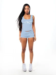 SUMWON WOMEN Celana Pendek Mini Berhiaskan Rhinestone Angel dengan Pinggang Lipat untuk Festival Musim Panas - Baby Blue - View 3