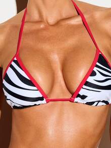 KIZN Zebra Print Triangle Bikini Set With Contrast Red Binding Halter Neck Tie-Side Bottom Summer Beach - Black and White - View 3