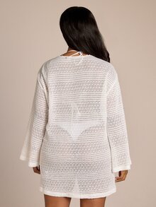 FASHION SZN 大尺碼鉤編前繫帶喇叭袖卡夫坦式海灘罩衫，針織透視海灘度假風白色洋裝，適合夏季假期、單身派對、旅行、伊比薩波西米亞風音樂節穿搭 - 白色 - 查看 2