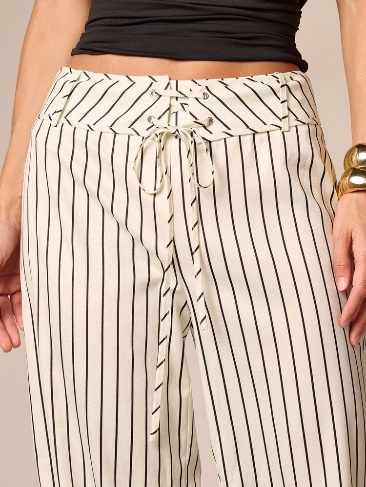 Wide Leg Pinstripe Pants With Drawstring Waist