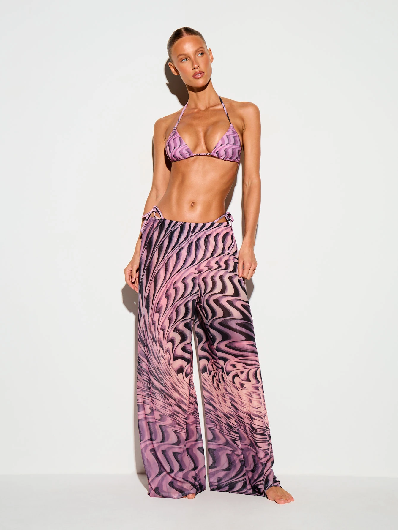 Wide Leg Mesh Trousers With Swirl Print