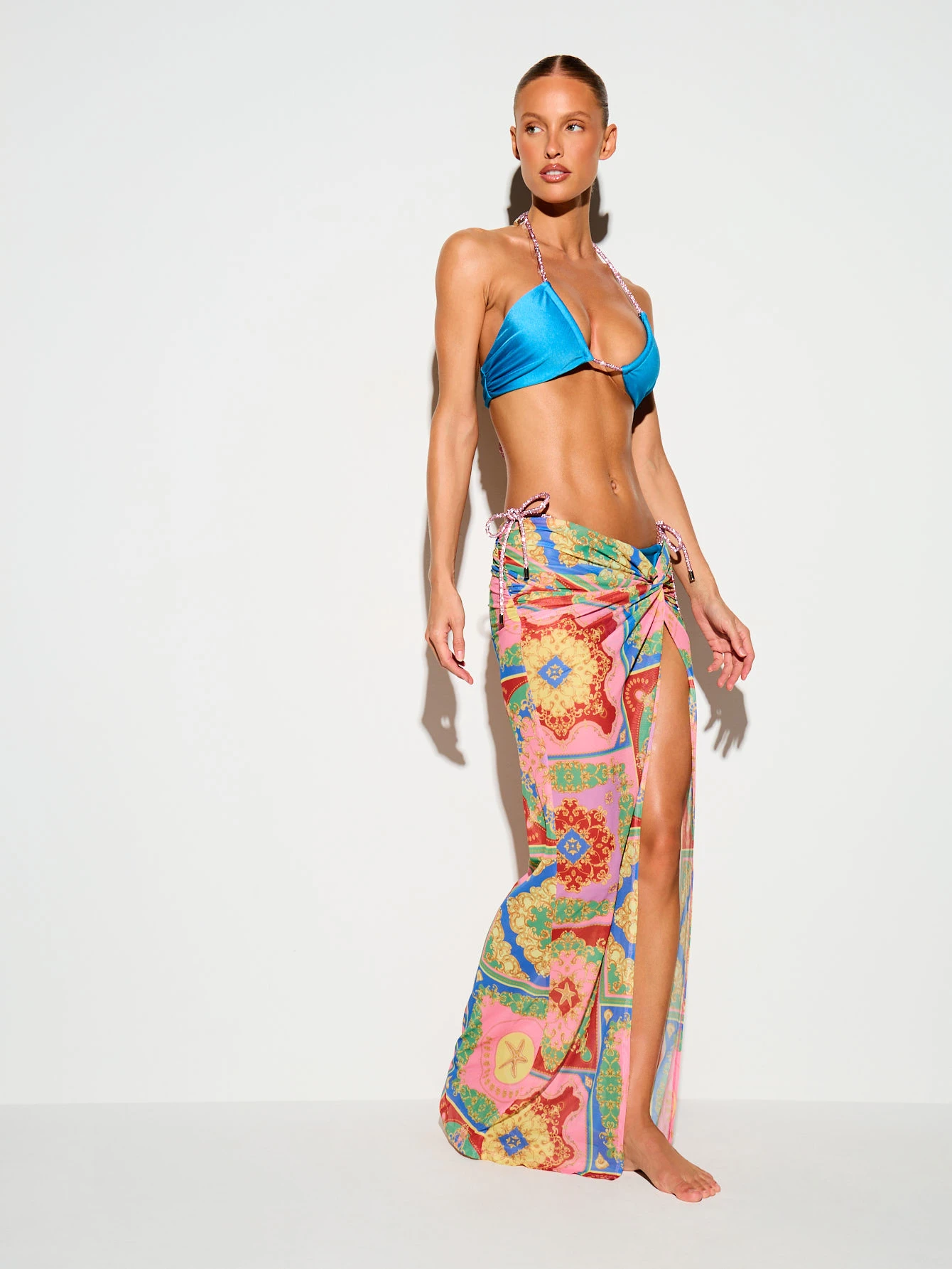 Tile Print Mesh Maxi Skirt With Knot Front