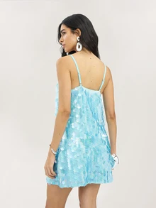 Dancing Leopard Blue Sequin Slip Mini Dress, Holiday/Vacation Wear - Blue - View 2