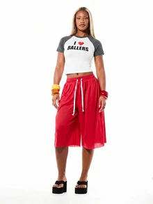 SUMWON WOMEN I Love Ballers 圖案短版上衣 撞色棒球風修身合身落肩短袖 T-shirt - 灰色 - 查看 6