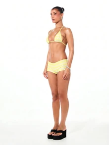 BABYPHAT Triangle Halter Bikini Top With Yellow Stripe Print And Tie-Back Closure For Beach Summer Vacation - Pale Yellow - View 5
