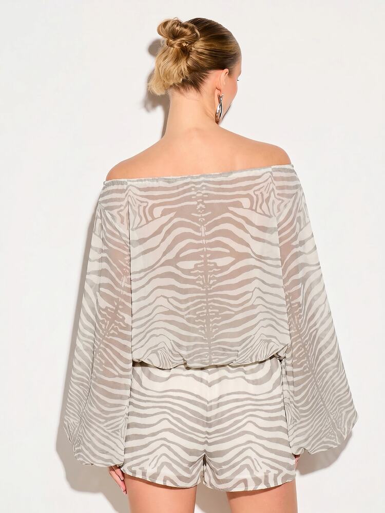 Zebra Print Off-Shoulder Blouse With Balloon Sleeves And Tie-Front Neckline For Summer Vacation Beach Boho Style