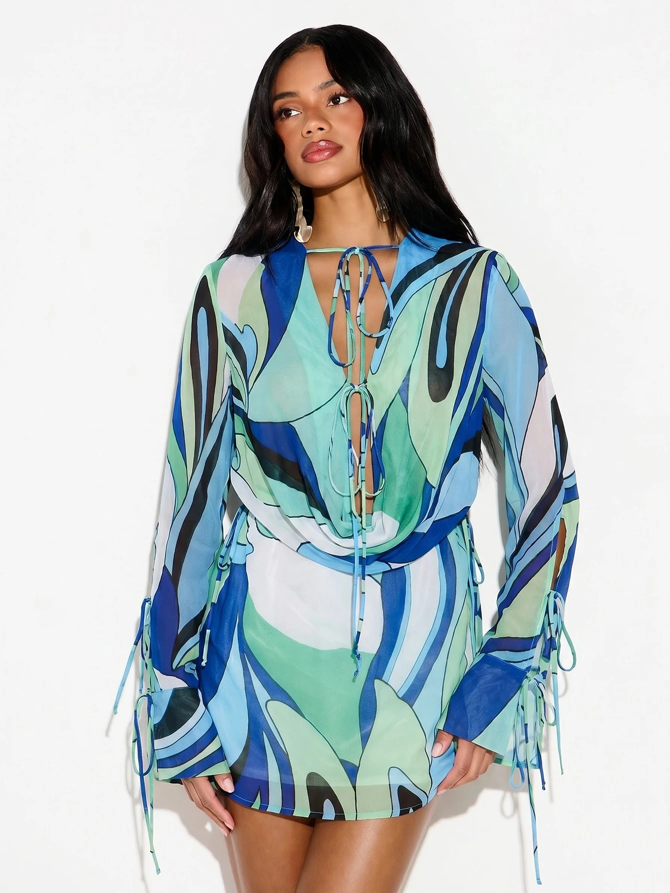 Printed Chiffon Mini Dress With Tie Front And Bell Sleeves