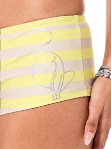 BABYPHAT Stripe Print Bikini Booty Shorts With Silver Script Logo Detail For Beach Summer - Pale Yellow - View 4