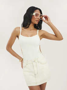 Dancing Leopard Pale Yellow Denim Mini Skirt, Everyday Weekend Wear - Yellow - View 5