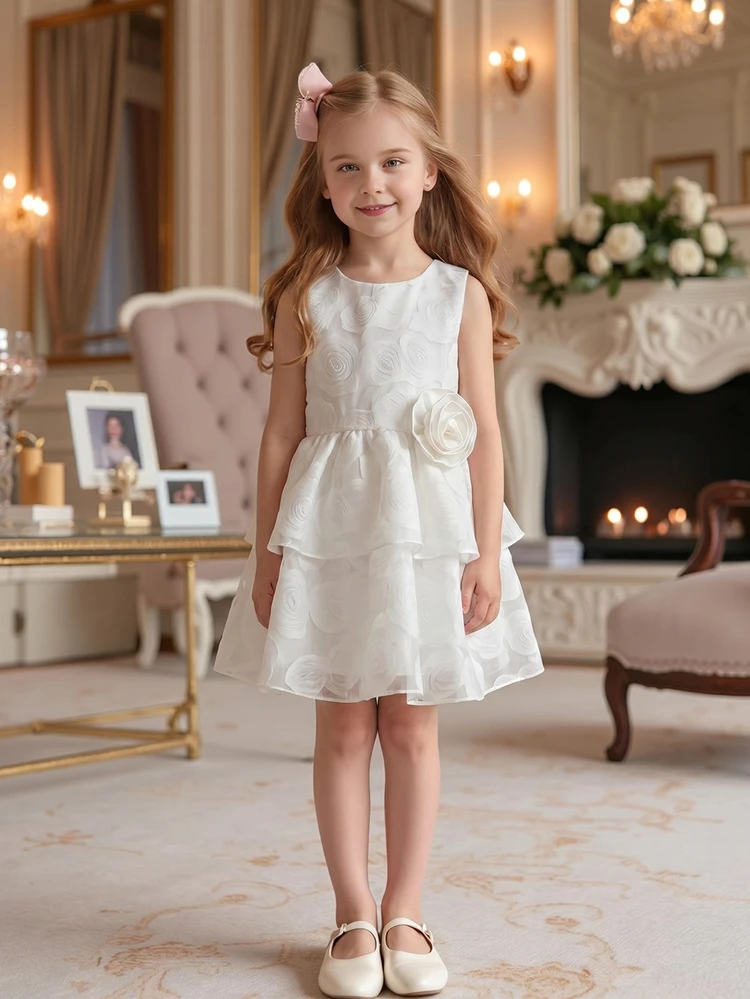 Vestido de ocasión para niñas con volantes, falda escalonada de jacquard rosa, apliques florales, vestido de fiesta para eventos especiales
