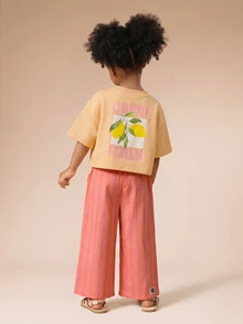 SUMWON Girls Co-Ord Cropped Tee And Wide-Leg Striped Trouser Set Capri Lemon Print Summer Vacation Outfit - Orange - View 1