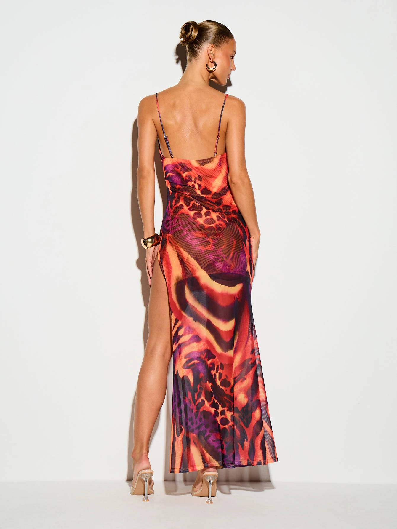 Mesh Cowl Neck Maxi Dress With High Slit