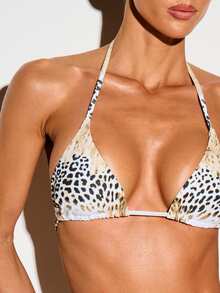 KIZN Animal Print Triangle Bikini Set With Halter Neck Tie Side Bottom Summer Beach Vacation Two Piece Swimwear - Multicolor - View 2