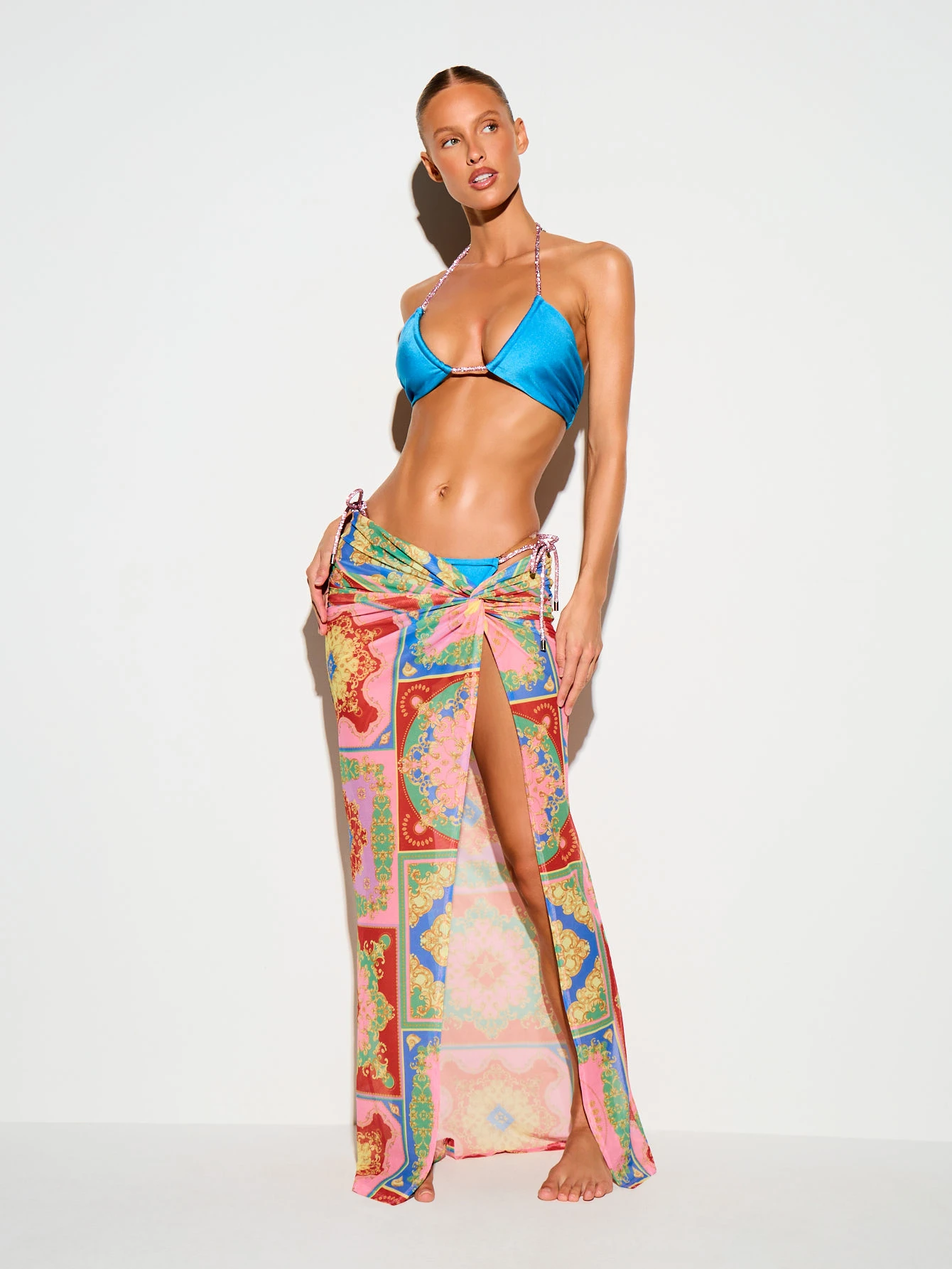 Tile Print Mesh Maxi Skirt With Knot Front