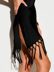 KIZN Satin Halter Neck Backless Mini Top With Macrame Fringe Hem And Cowl Neckline Summer Party - Black - View 2