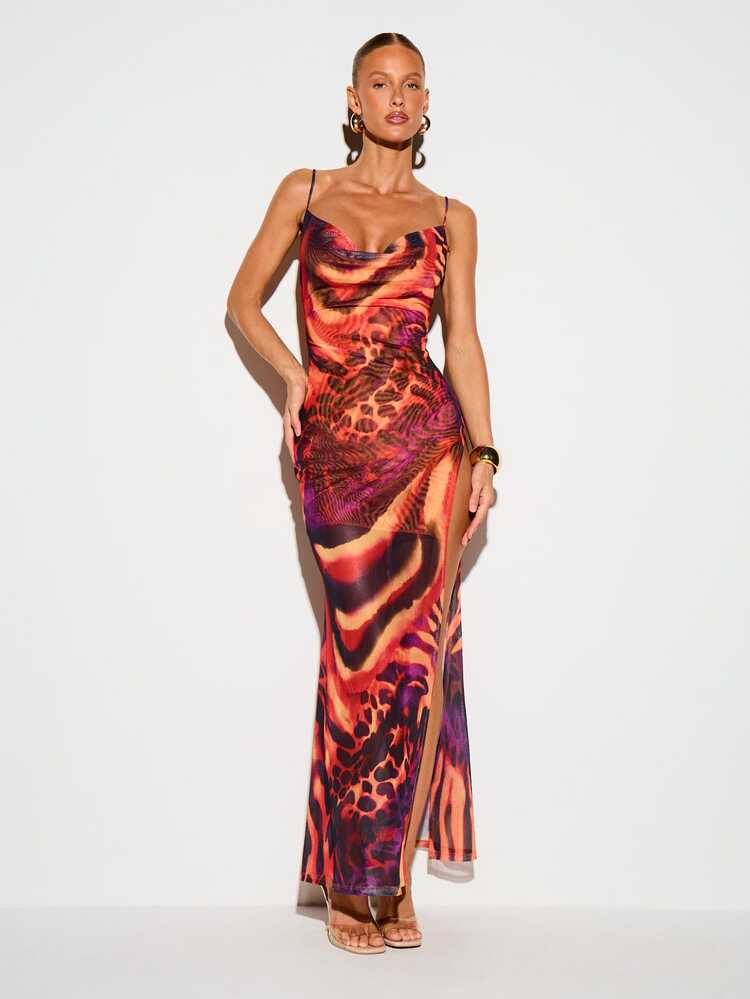 Mesh Cowl Neck Maxi Dress With High Slit