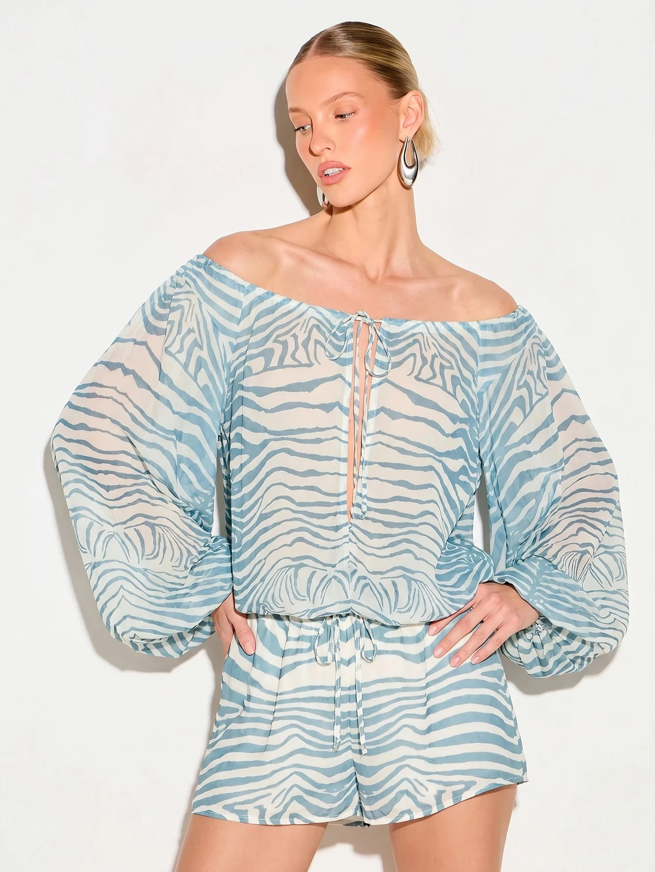 Off-Shoulder Zebra Print Blouse With Balloon Sleeves