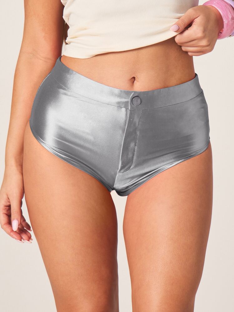MISSGUIDED Satin High-Leg Hot Pants With Button Detail Mini Booty Shorts For Festival, Night Out, And Party