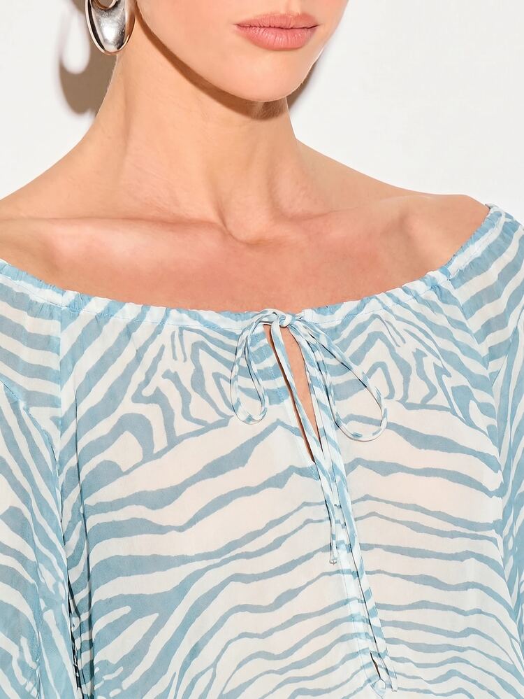 Off-Shoulder Zebra Print Blouse With Balloon Sleeves