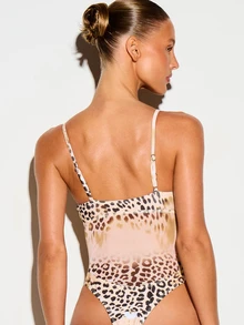 KIZN Leopard Print Mesh Insert One-Piece Swimsuit With Scoop Neck Spaghetti Straps High Cut Bottom Summer Beach - Multicolor - View 3