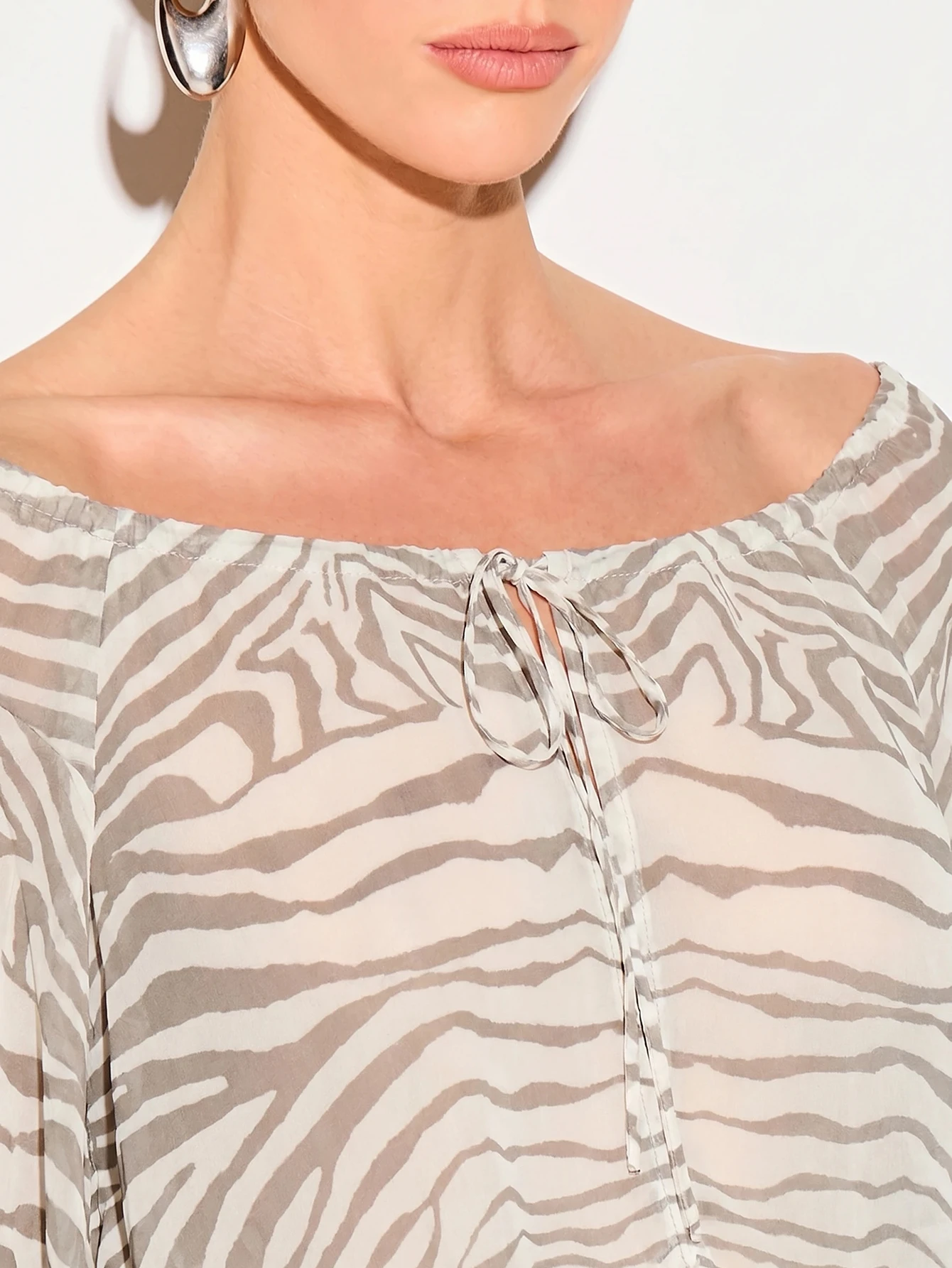 Off-Shoulder Zebra Print Blouse With Balloon Sleeves