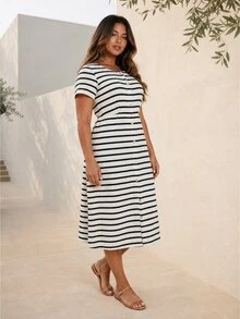 ELLERISSA Plus Size White & Black Stripe Round Neck Front Button Waffle Knit Midi Dress - Black and White - View 4