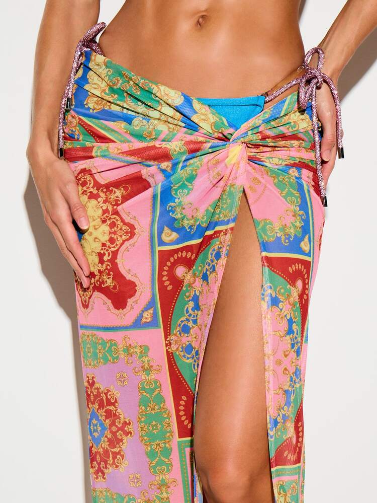 Tile Print Mesh Maxi Skirt With Knot Front
