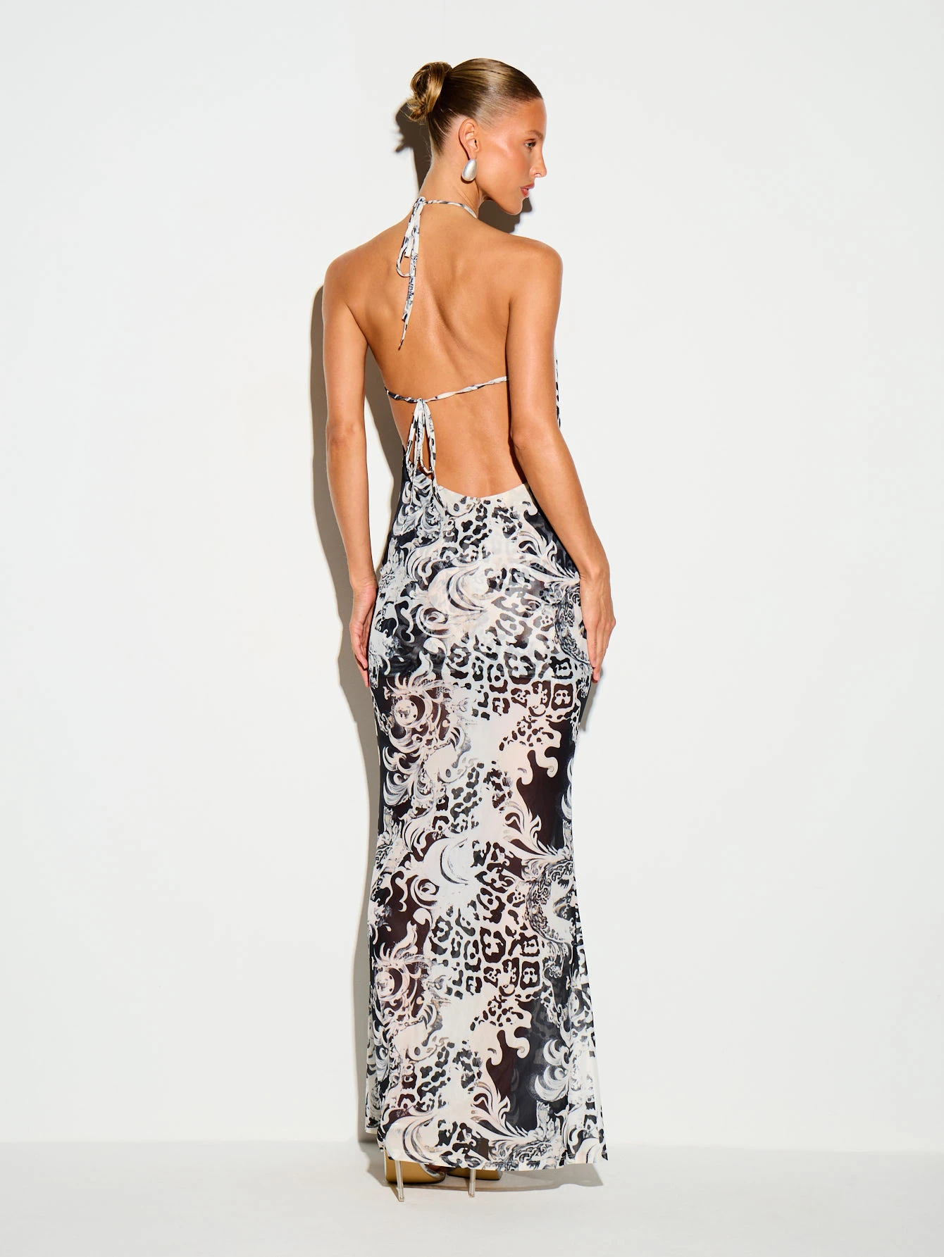 Baroque Animal Print Halter Cowl Maxi Dress