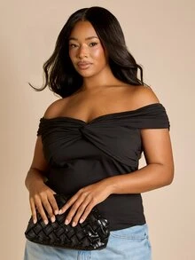 FASHION SZN 大尺碼 Bardot 一字領前扭結上衣 晚宴場合穿搭 牛仔褲百搭基本款極簡黑色上衣 - 黑色 - 查看 1