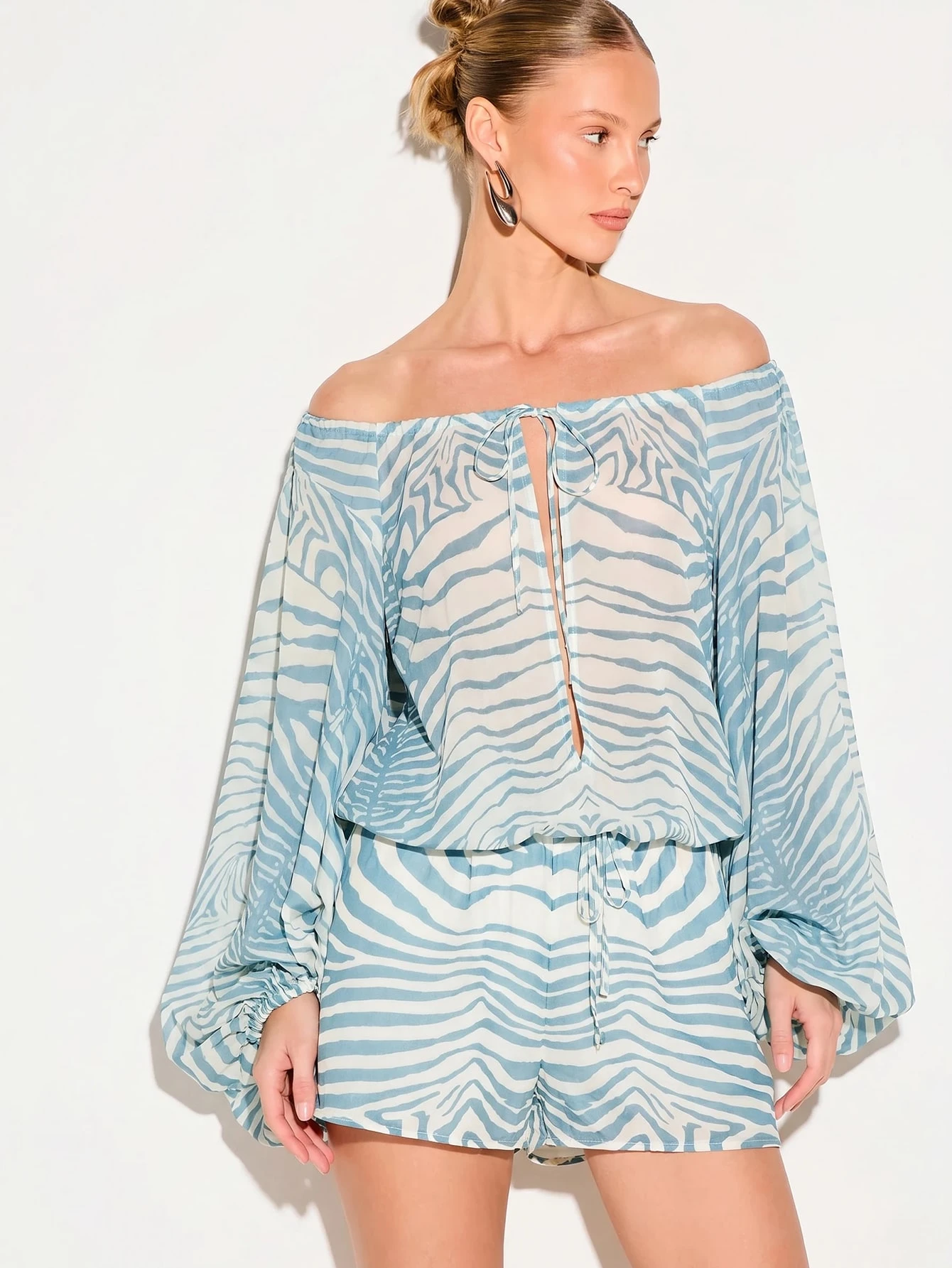 Off-Shoulder Zebra Print Blouse With Balloon Sleeves