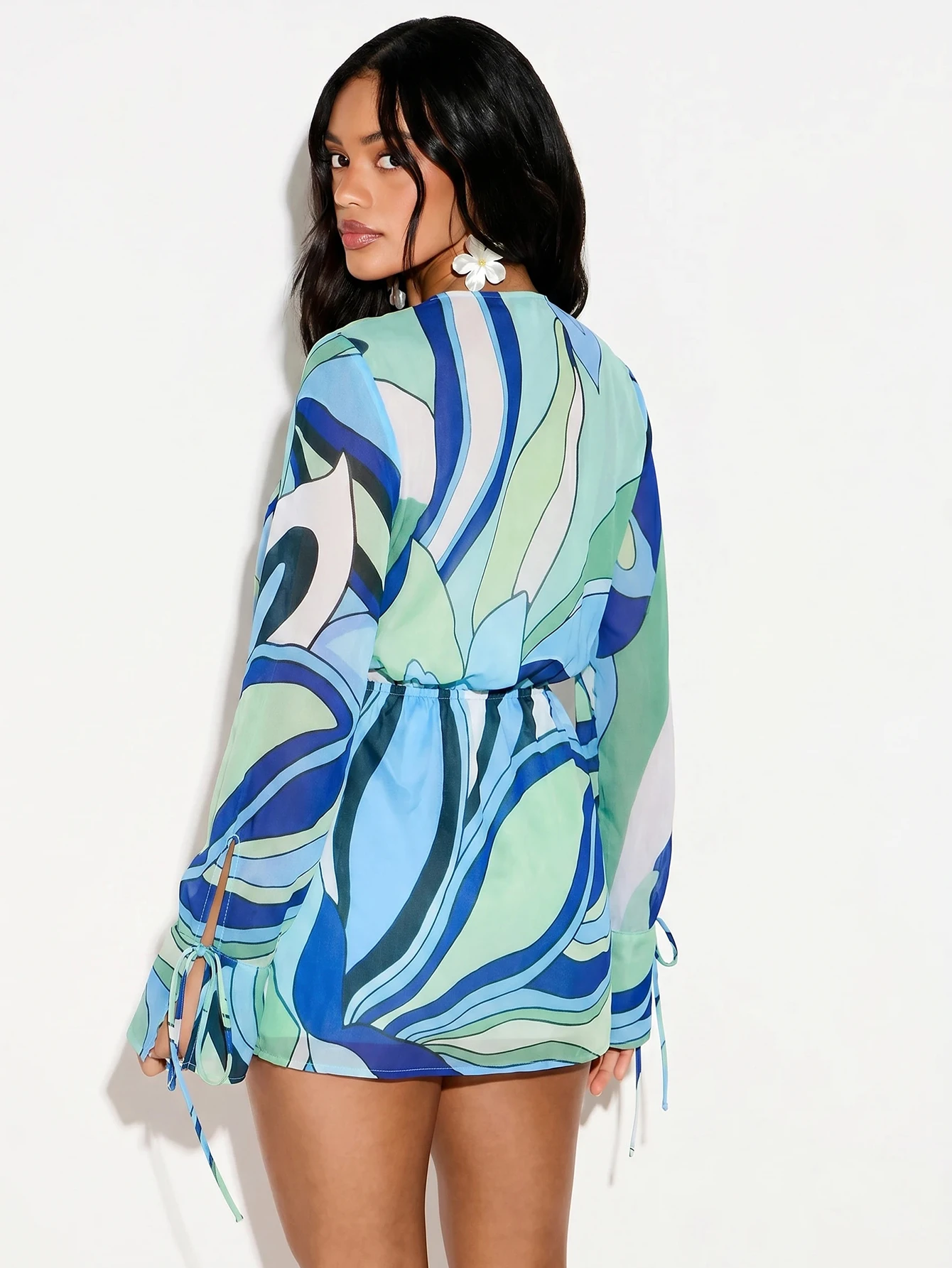 Printed Chiffon Mini Dress With Tie Front And Bell Sleeves