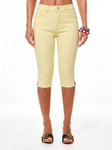 BABYPHAT Quần jean Capri denim co giãn với thêu logo mèo biểu tượng và chi tiết xẻ tà gấu quần - Màu vàng ngỗng - Xem 2