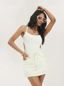 Dancing Leopard Pale Yellow Denim Mini Skirt, Everyday Weekend Wear - Yellow - View 4