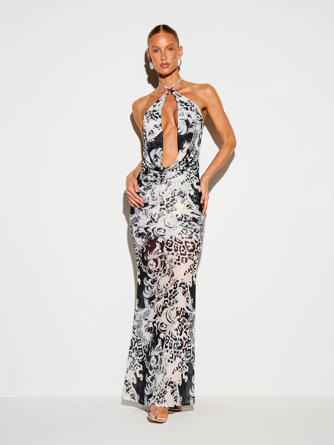 Baroque Animal Print Halter Cowl Maxi Dress