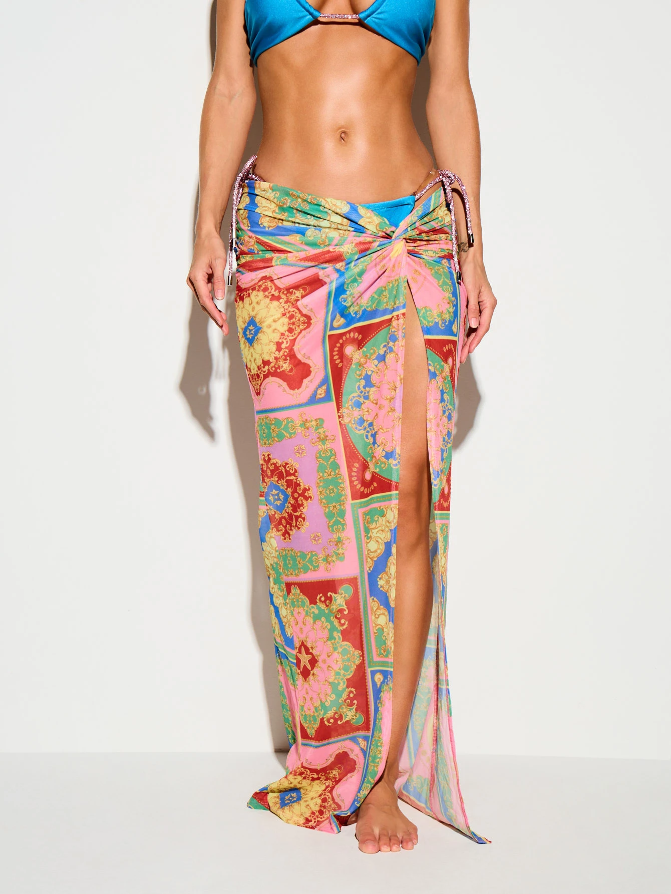 Tile Print Mesh Maxi Skirt With Knot Front